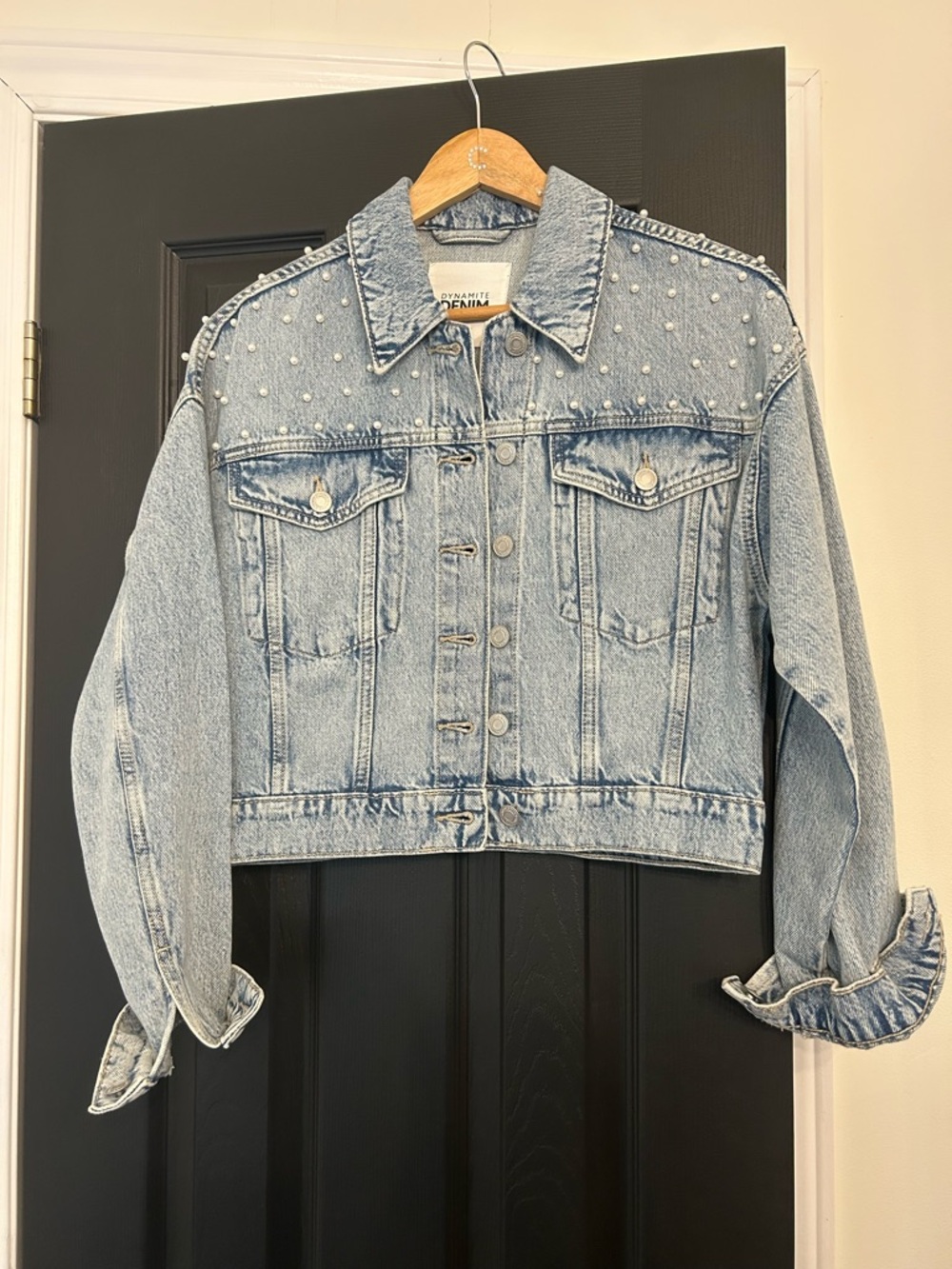 Denim Pearl-Embellished Cropped Jacket